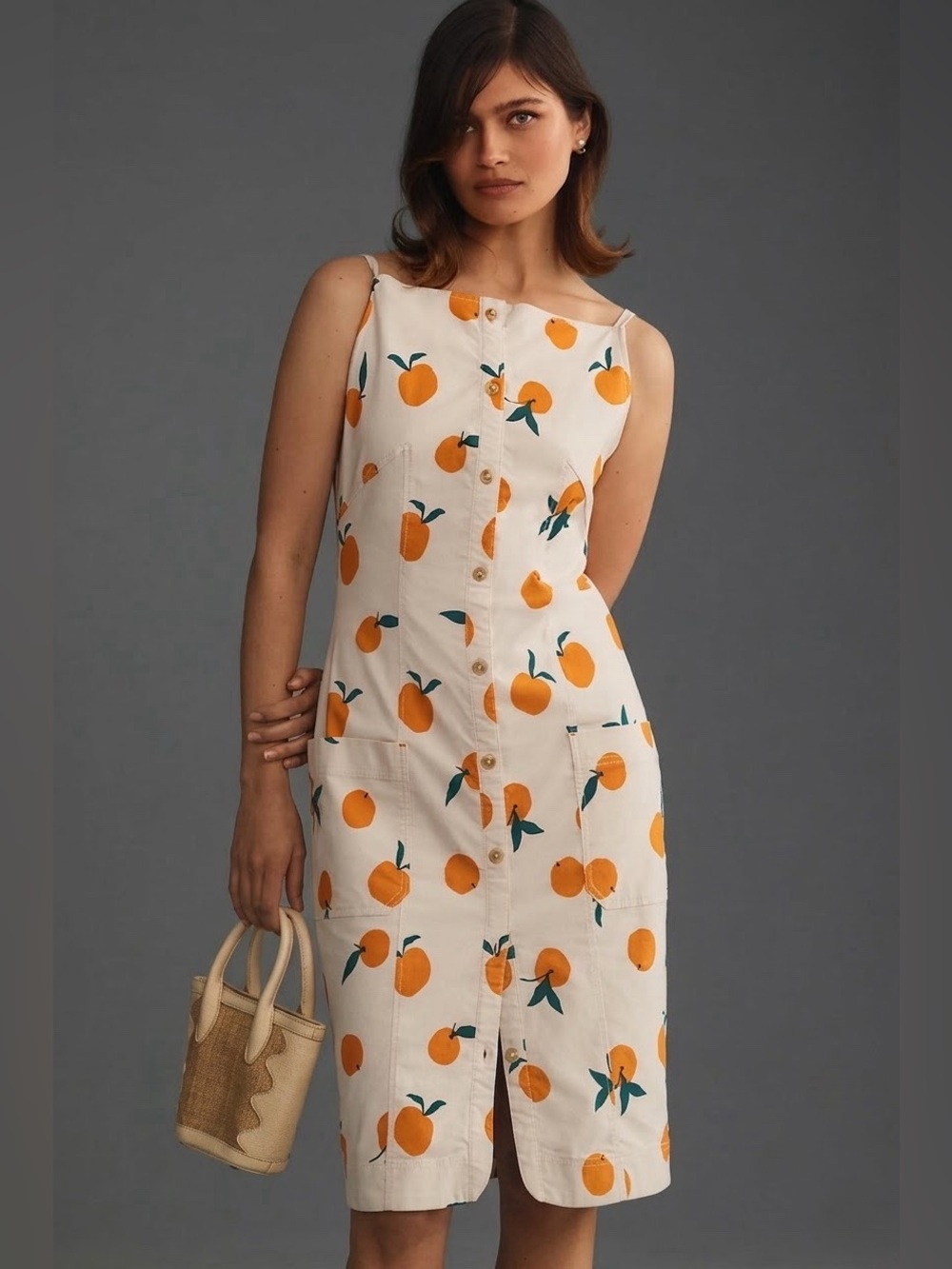 NWT Anthropologie Maeve The Colette Midi Dress Orange Citrus Fruit Pockets S